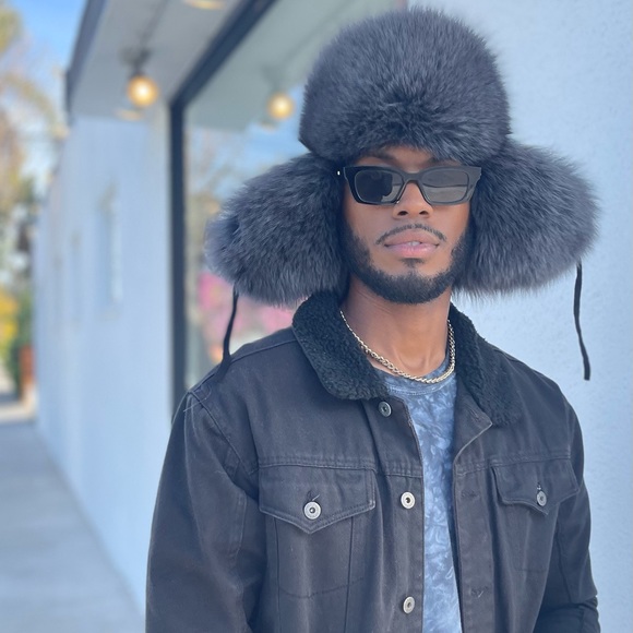 Dark Blue Fox Fur Ushanka Hat - Picture 1 of 5